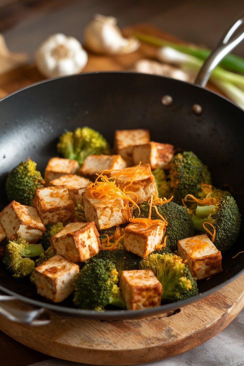 Indoor wok filled with browned tofu cubes, broccoli, and orange zest—no text or logos.