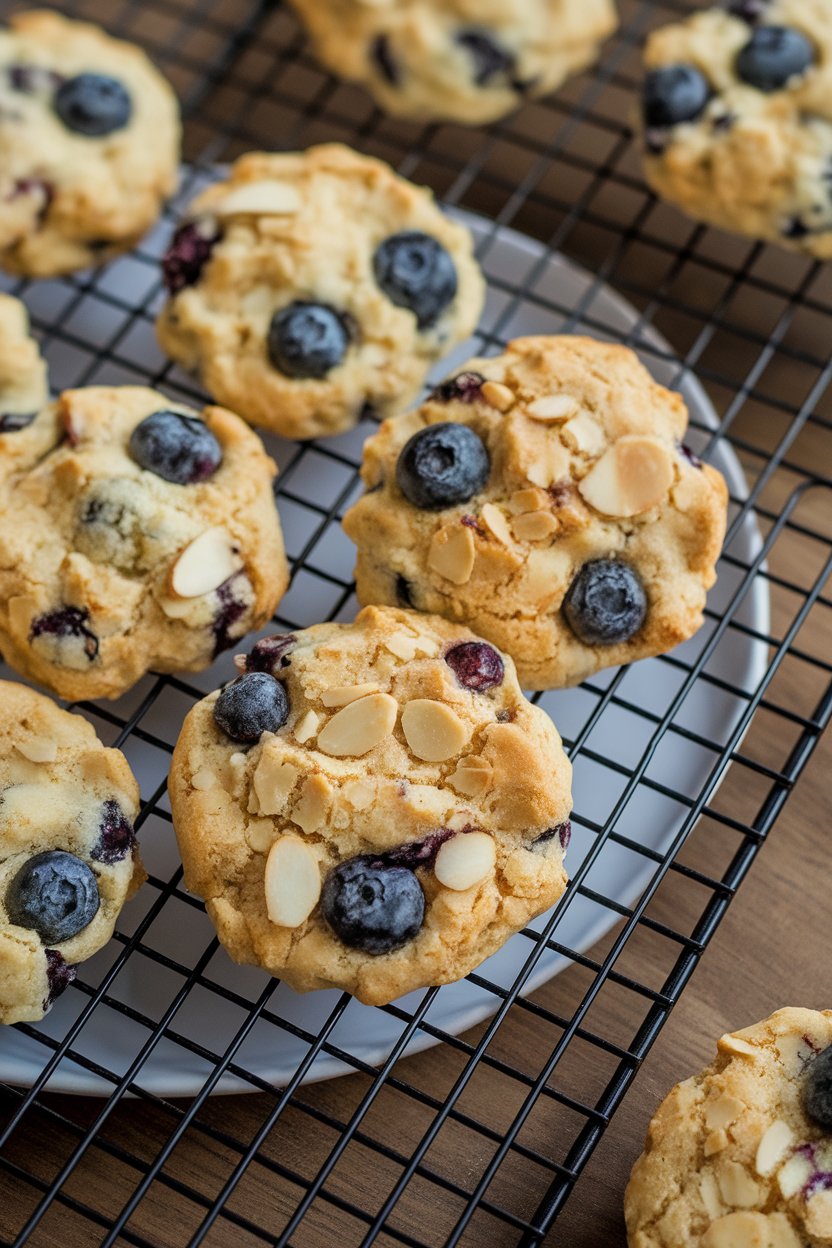 Indoor cooling rack with round breakfast cookies studded with blueberries and almonds—no text or logos.
