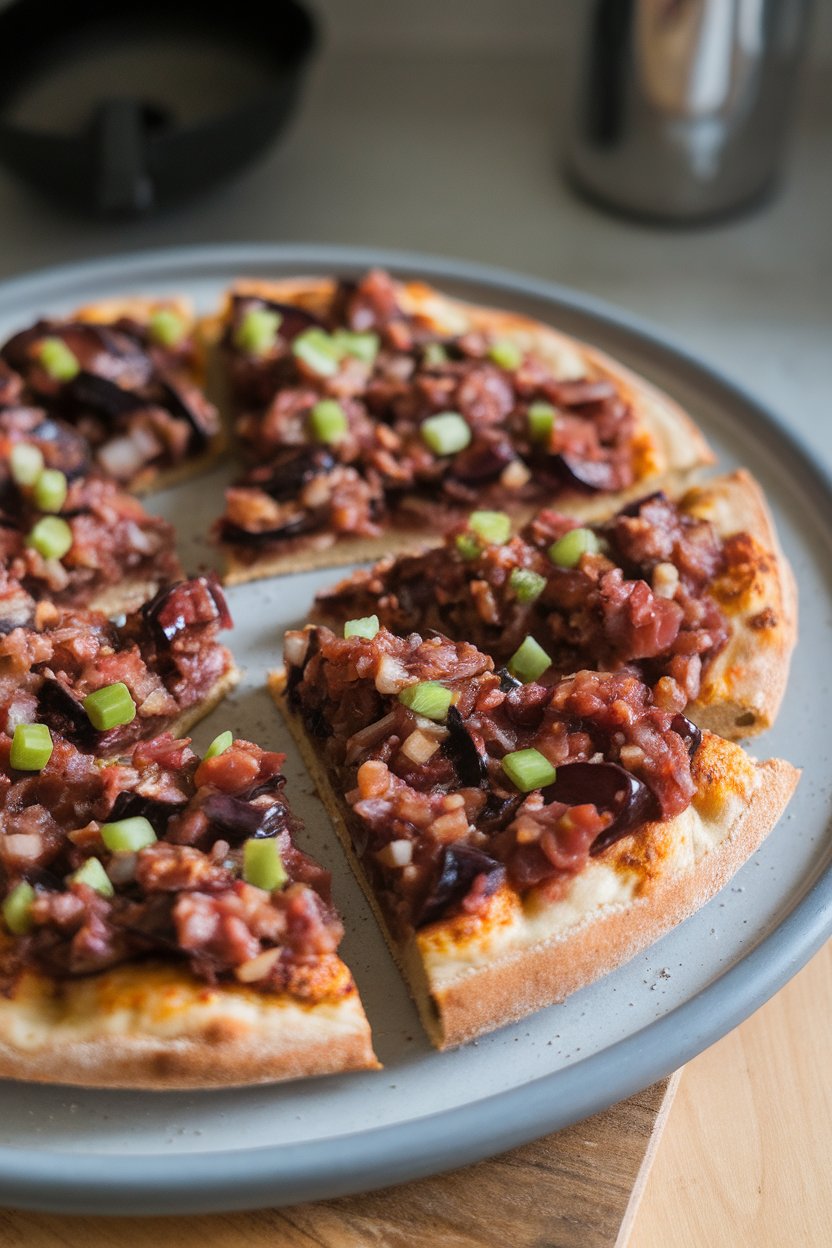 Indoor photo of amaranth crust pizza topped with Sicilian eggplant caponata on a grey ceramic platter, no text or logos