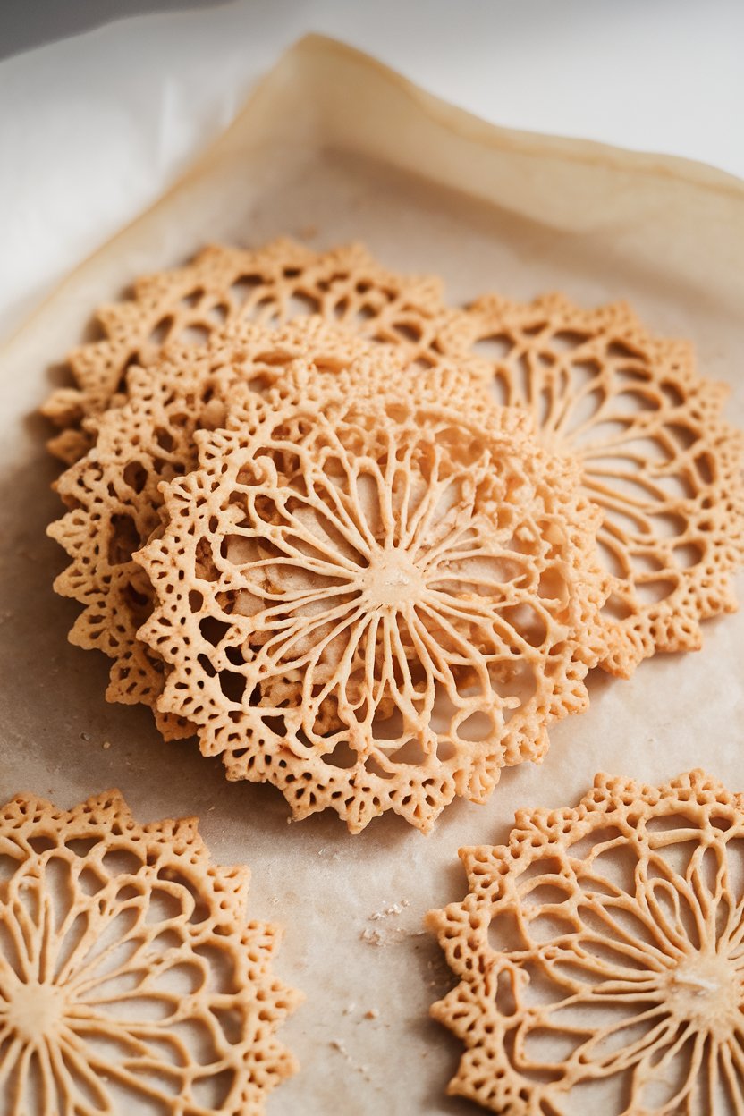 Thin, lacy cookies with sunflower seeds visible, cooling indoors on parchment, gentle side lighting. No branding.
