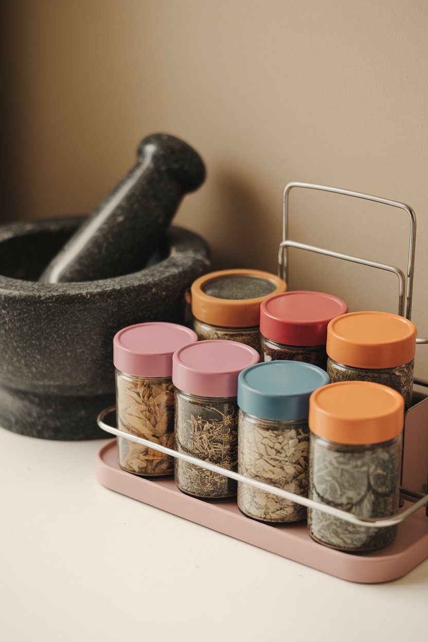 An indoor spice rack featuring colorful jars of dried herbs beside a mortar and pestle, no text or logos, photo only