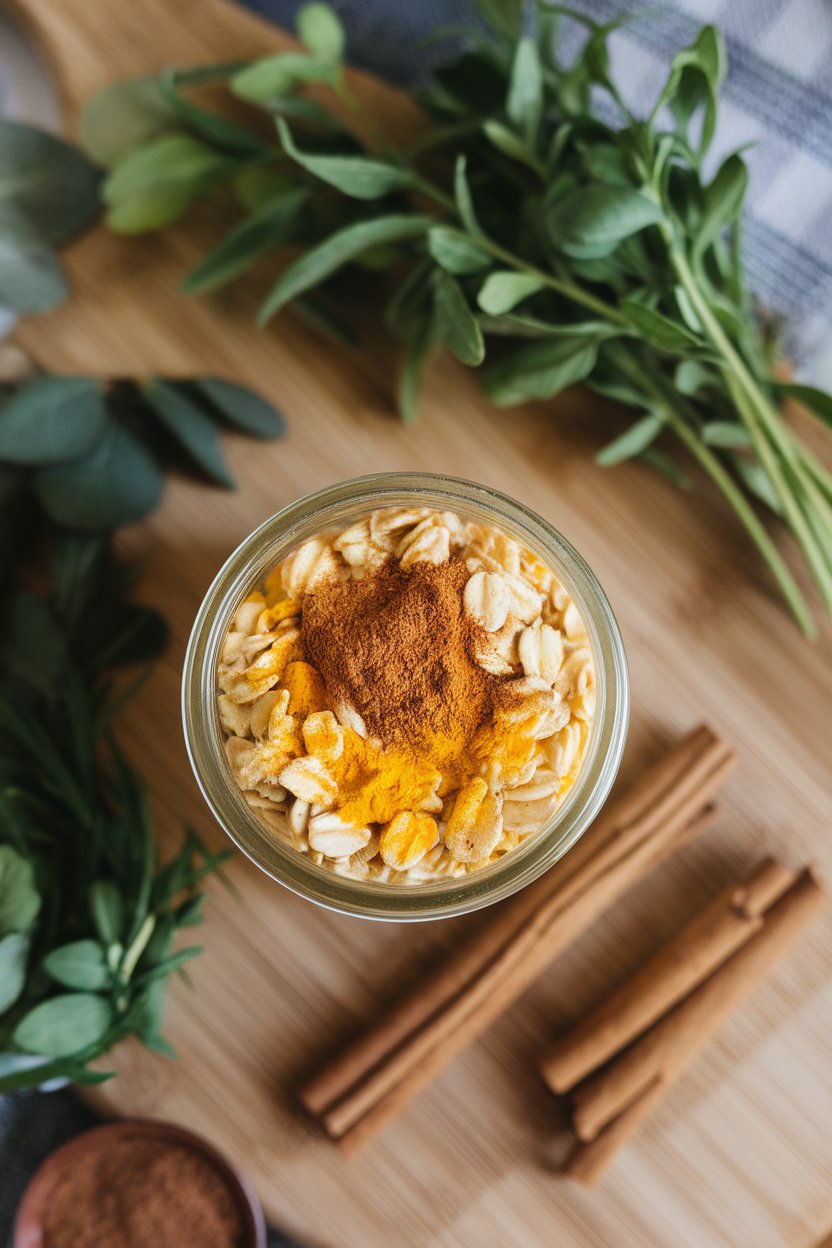 Indoor herbal kitchen scene showing a jar of golden-yellow oats with a sprinkle of cinnamon and turmeric on top, shot from above. No text or logos. Photo not illustration.