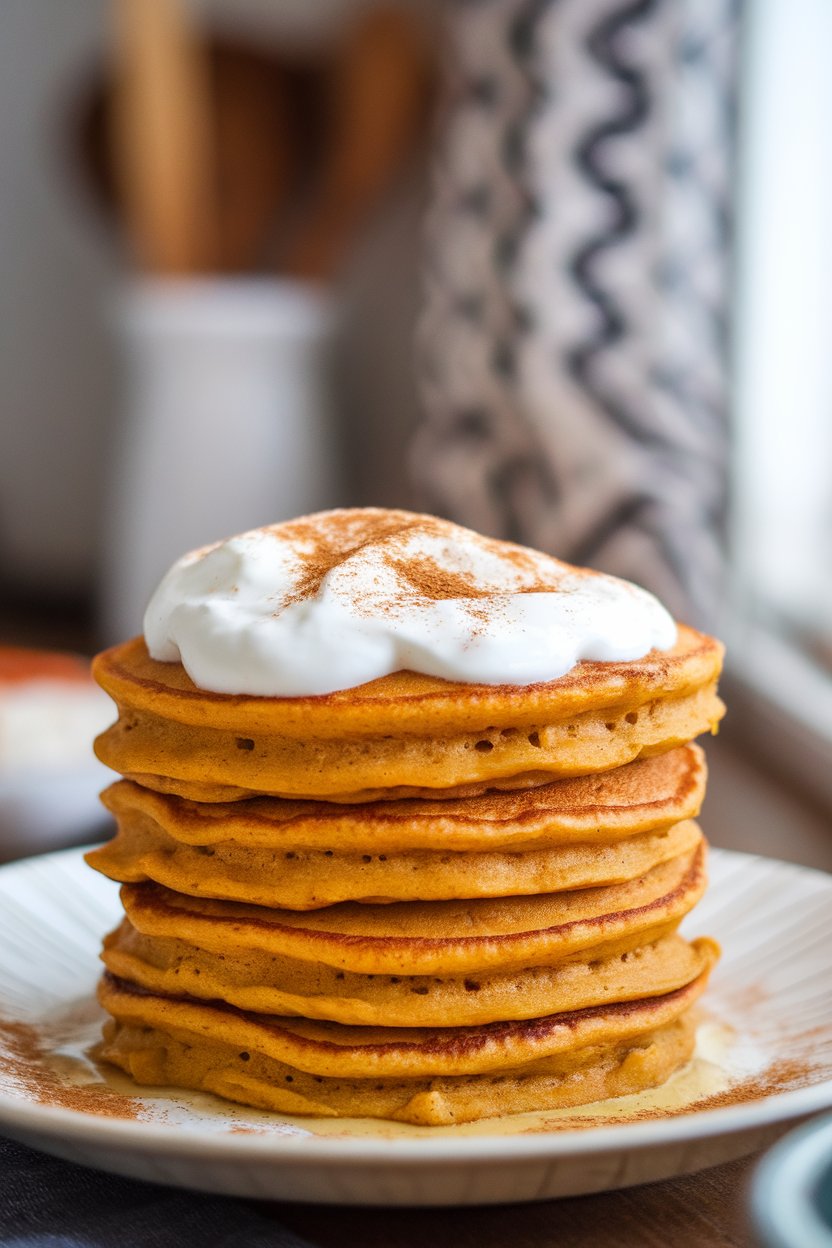 An indoor stack of fluffy pumpkin pancakes sprinkled with cinnamon and topped with Greek yogurt, no visible logos or text.