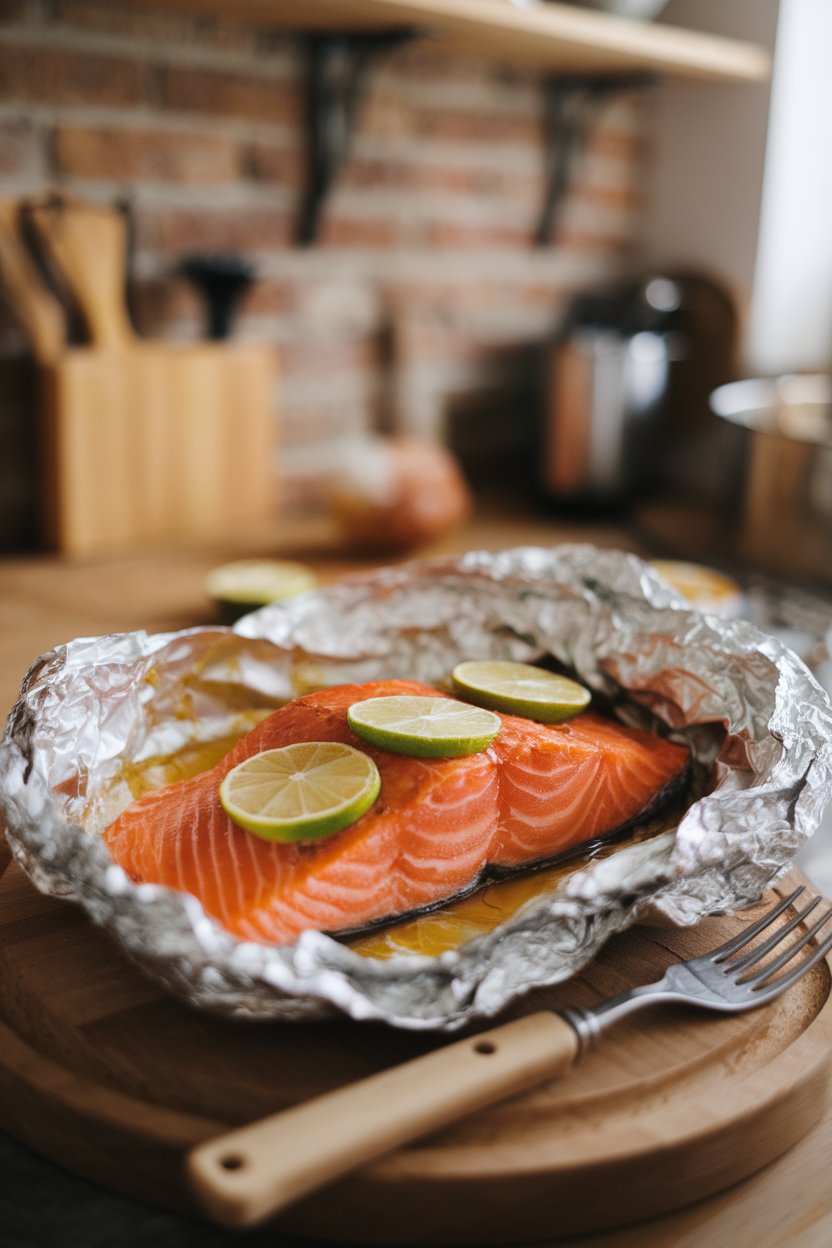 Warm indoor image of an opened foil packet revealing cooked salmon glazed with honey and dotted with lime slices. No text or logos anywhere.