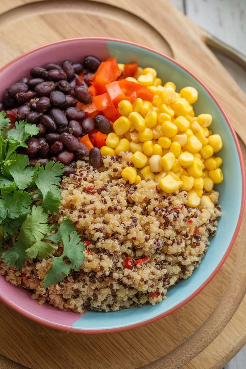 Photo of a colorful indoor salad bowl filled with fluffy quinoa, black beans, yellow corn, diced red peppers, and cilantro; no text or logos anywhere.