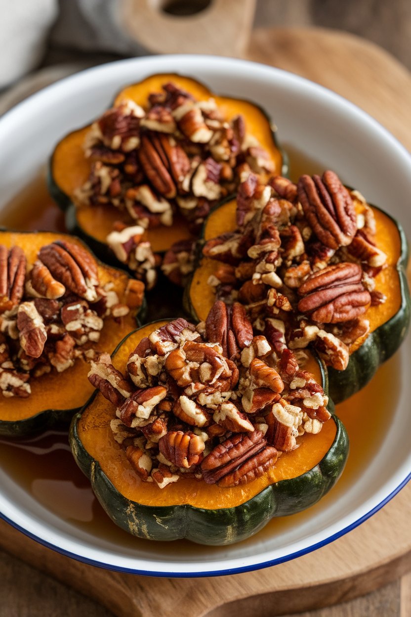 An indoor serving dish of acorn squash rings topped with spiced pecan crumble, maple drizzle; no text or logos, photo only