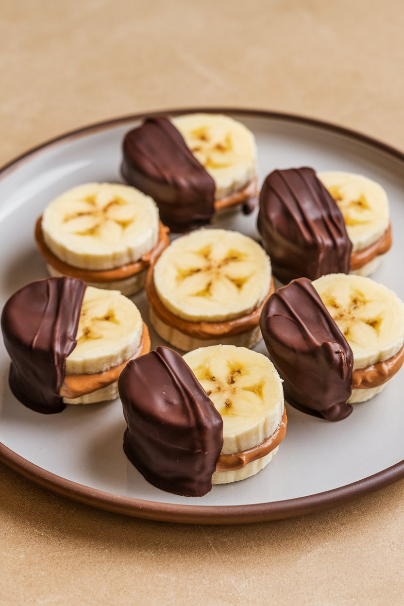 Photo of an indoor plate with coin-sized banana slices sandwiched with peanut butter and dipped in dark chocolate, no text or logos