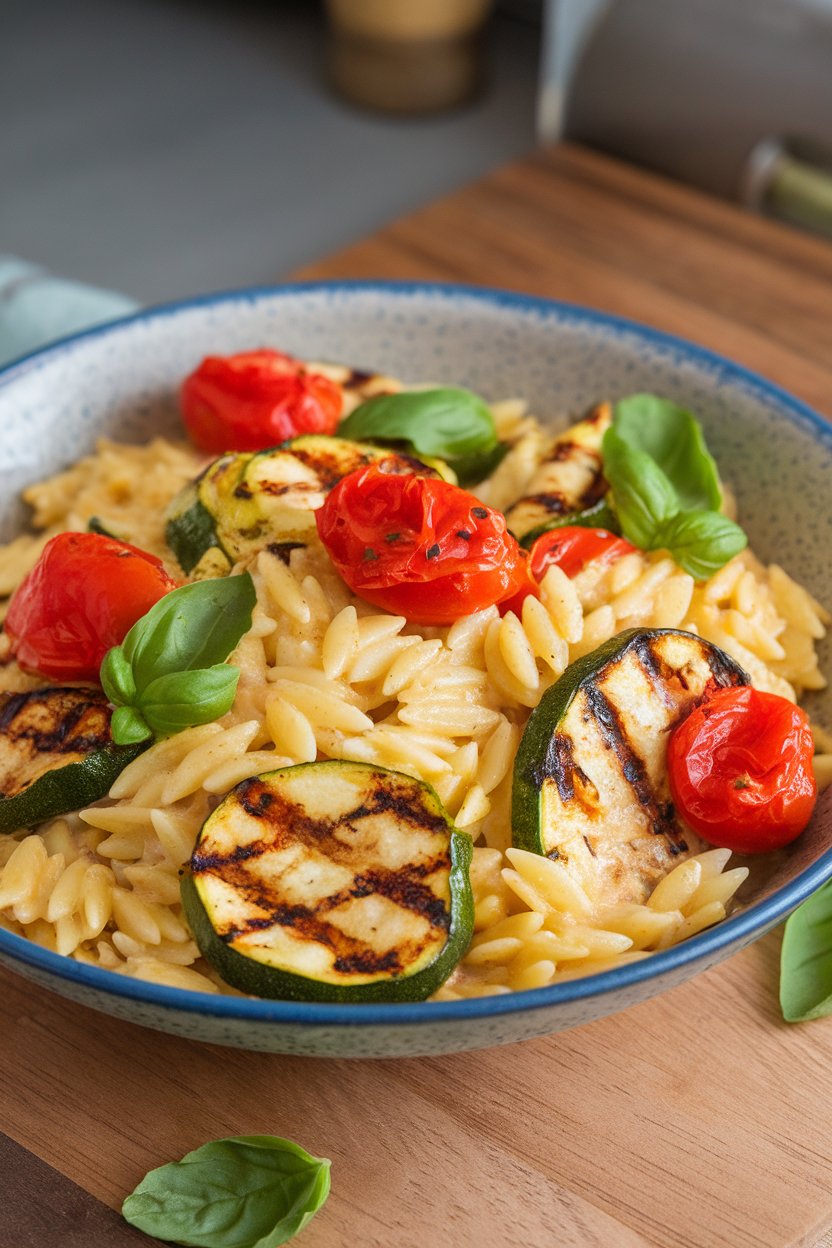 Indoor photo of a bowl of lemony orzo pasta mixed with grilled zucchini, peppers, and cherry tomatoes. No text or logos.