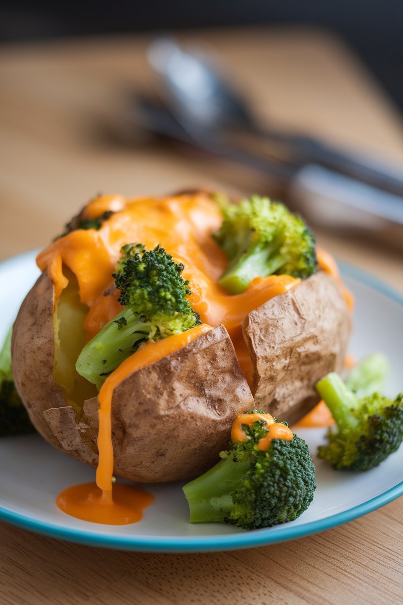 An indoor plate with a split baked russet potato overflowing with steamed broccoli florets and melted sharp cheddar; no text or logos; photo.