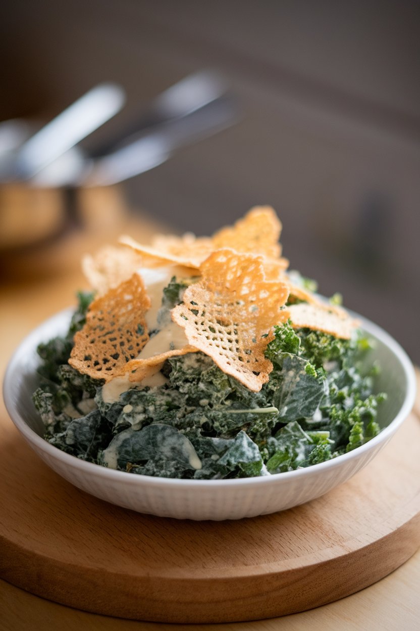 Indoor serving dish of kale Caesar salad topped with lacy Parmesan crisps and creamy dressing. No text or logos. Photo only.