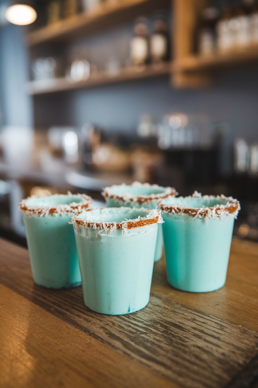 Photo of bright-cyan creamy shots, shredded coconut rim, indoor bar; no text or logos.