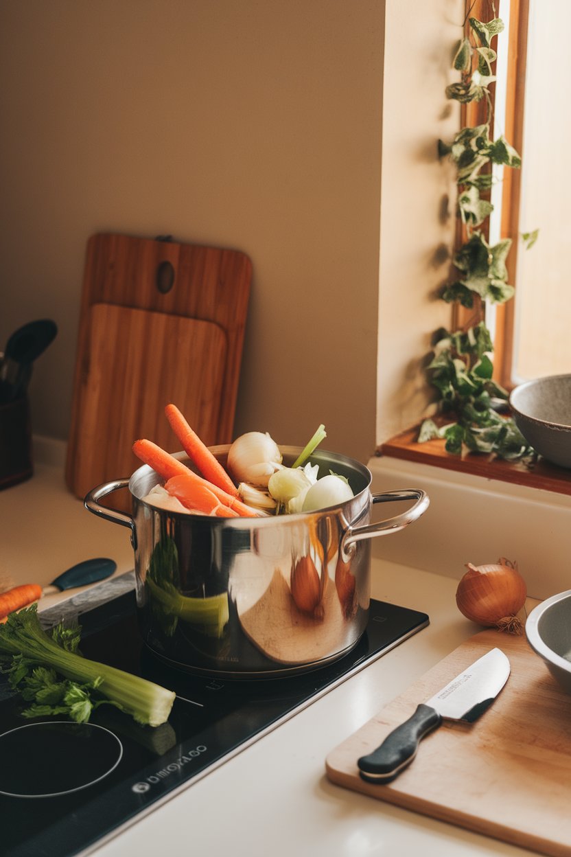 An indoor countertop with vegetable scraps simmering in a pot to become broth; no logos. Photo.