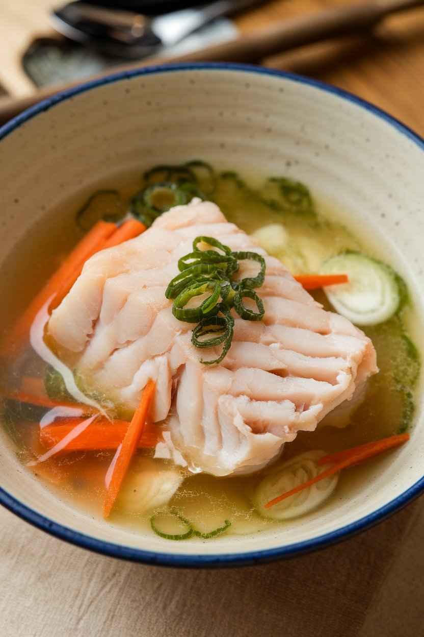 Indoor photo of flaky cooked cod fillet in a shallow bowl of light miso broth with sliced scallions and julienned carrots, no raw fish visible. No text or logos.