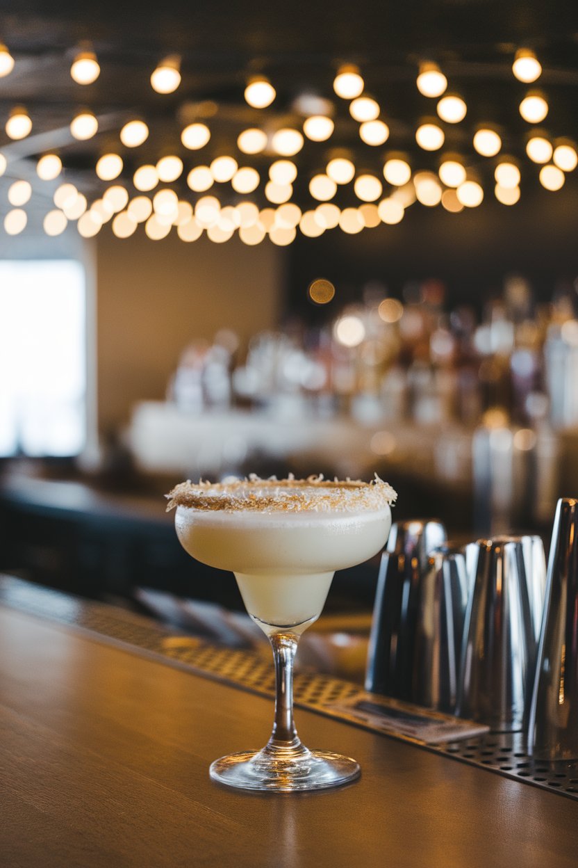 Indoor bar, coupe glass of snowy white coconut margarita with shredded-coconut rim; twinkle lights blurred behind, no text or logos.