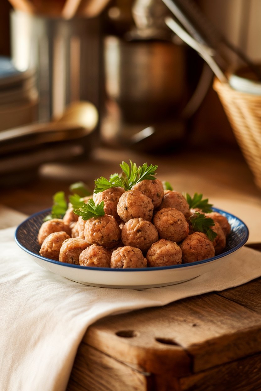 Photo of a plate of small turkey meatballs garnished with parsley, shown indoors on a rustic wooden table. No branding or text visible.