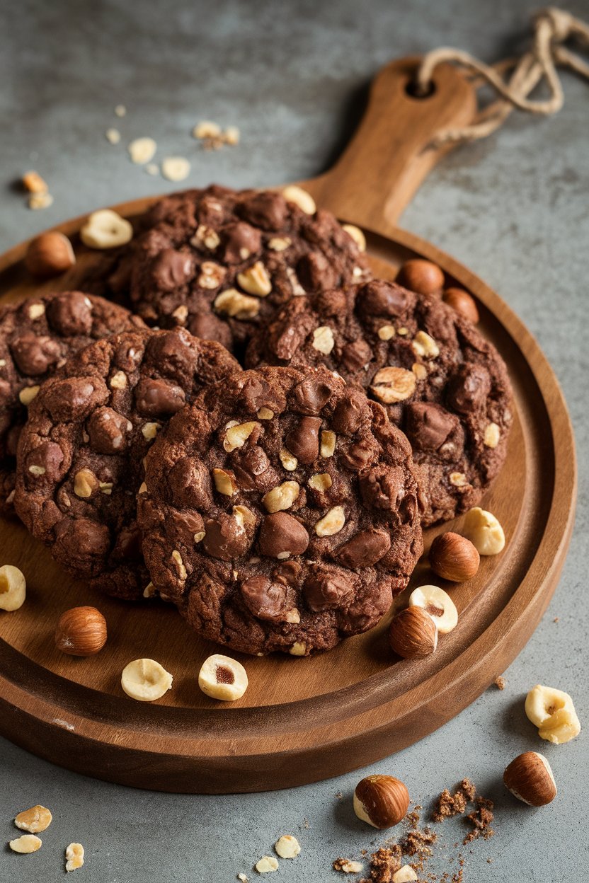Photo of indoor cookie plate with dark chocolate hazelnut oat cookies, no text or logos.