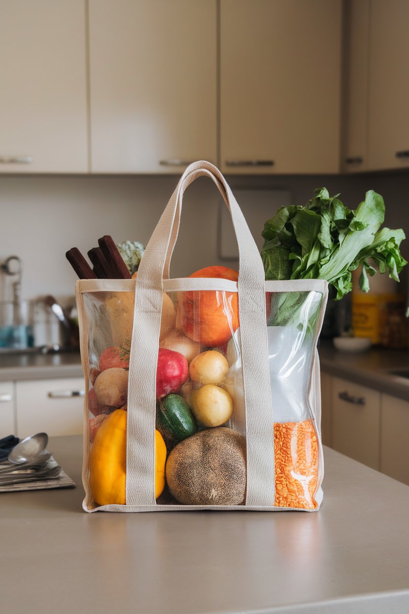 Photo — A reusable tote bag indoors filled with colorful produce, grains, and dairy on a kitchen counter. No text or brand marks.