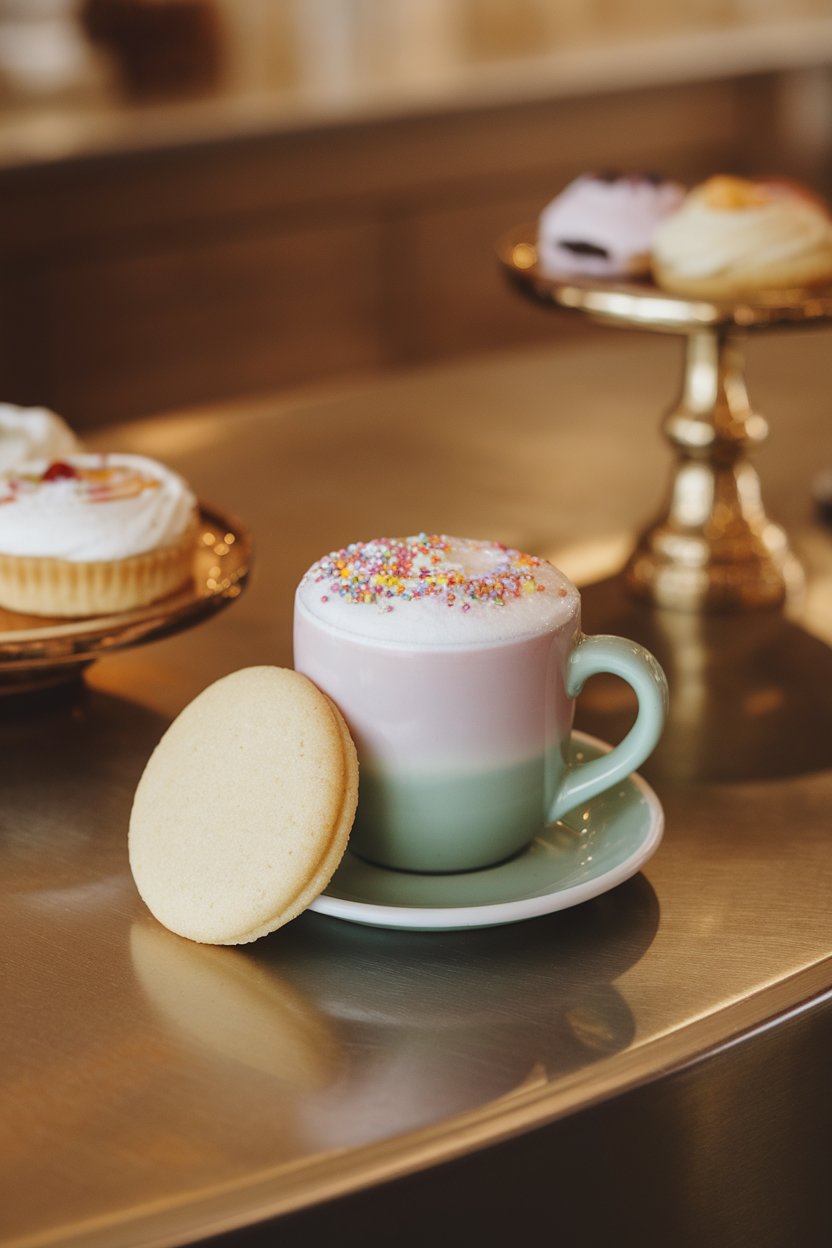 Indoor bakery-style counter featuring a pastel mug of latte dusted with colorful sugar sprinkles, a plain sugar cookie leaning on the saucer. Soft warm lighting, no text or logos. Photo only.