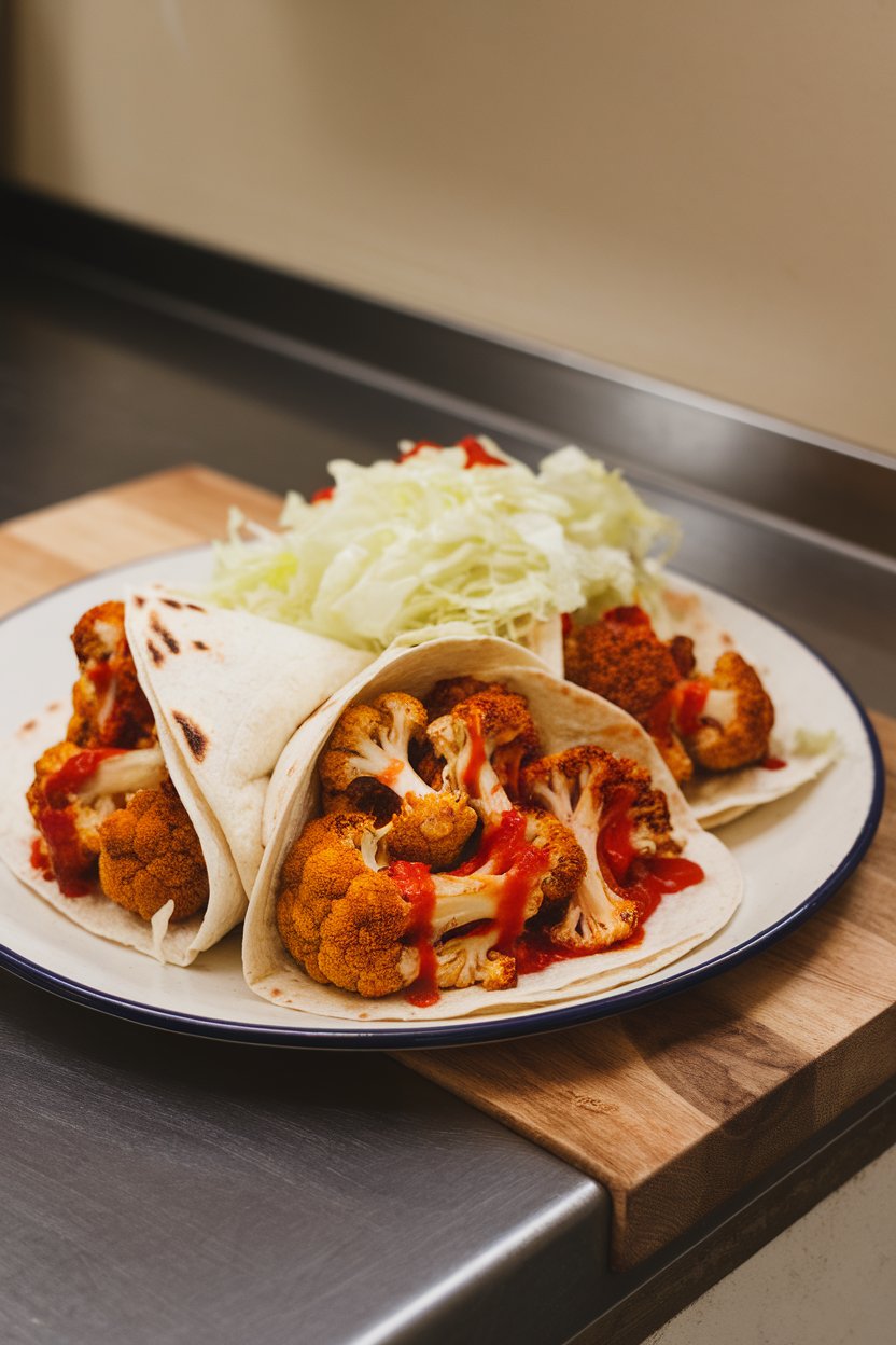 Photo of an indoor counter holding tortillas filled with roasted cauliflower florets coated in red harissa sauce, garnished with shredded cabbage; no text or logos