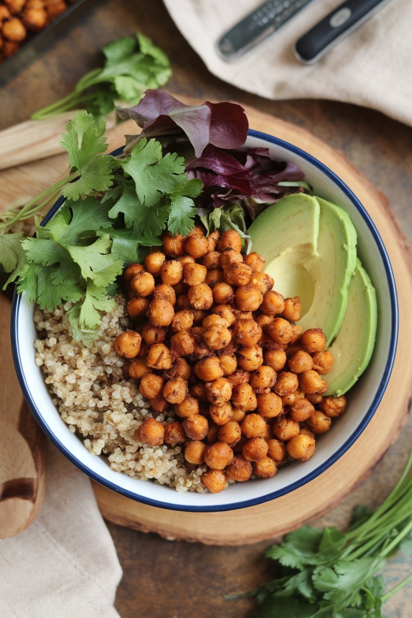 Indoor bowl containing roasted spiced chickpeas, quinoa, avocado slices, and mixed greens—overhead, no text or logos.