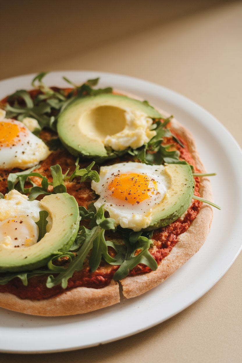 Indoor photo of almond-flour breakfast pizza topped with scrambled egg, baby arugula, and avocado slices on a white platter, no text or logos