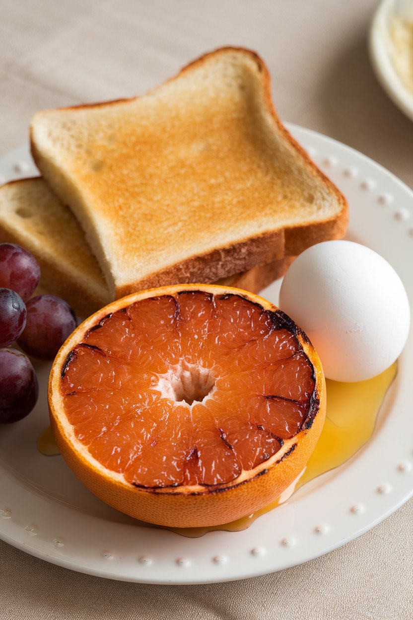 An indoor breakfast plate featuring half a broiled grapefruit with caramelized top, honey drizzled artfully, photo, no text or logos.