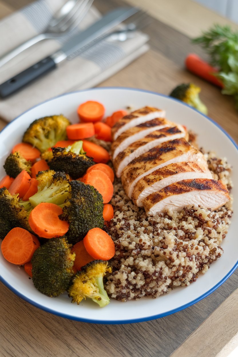 An indoor dinner plate photographed overhead, half piled with roasted broccoli and carrots, the other half split between grilled chicken and quinoa. No text or logos visible.
