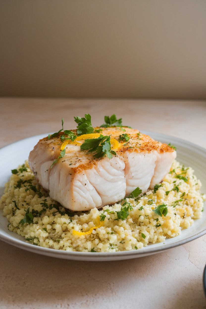 Photo of a flaky baked cod fillet sitting atop fluffy couscous speckled with parsley and lemon zest indoors; no text or logos present.