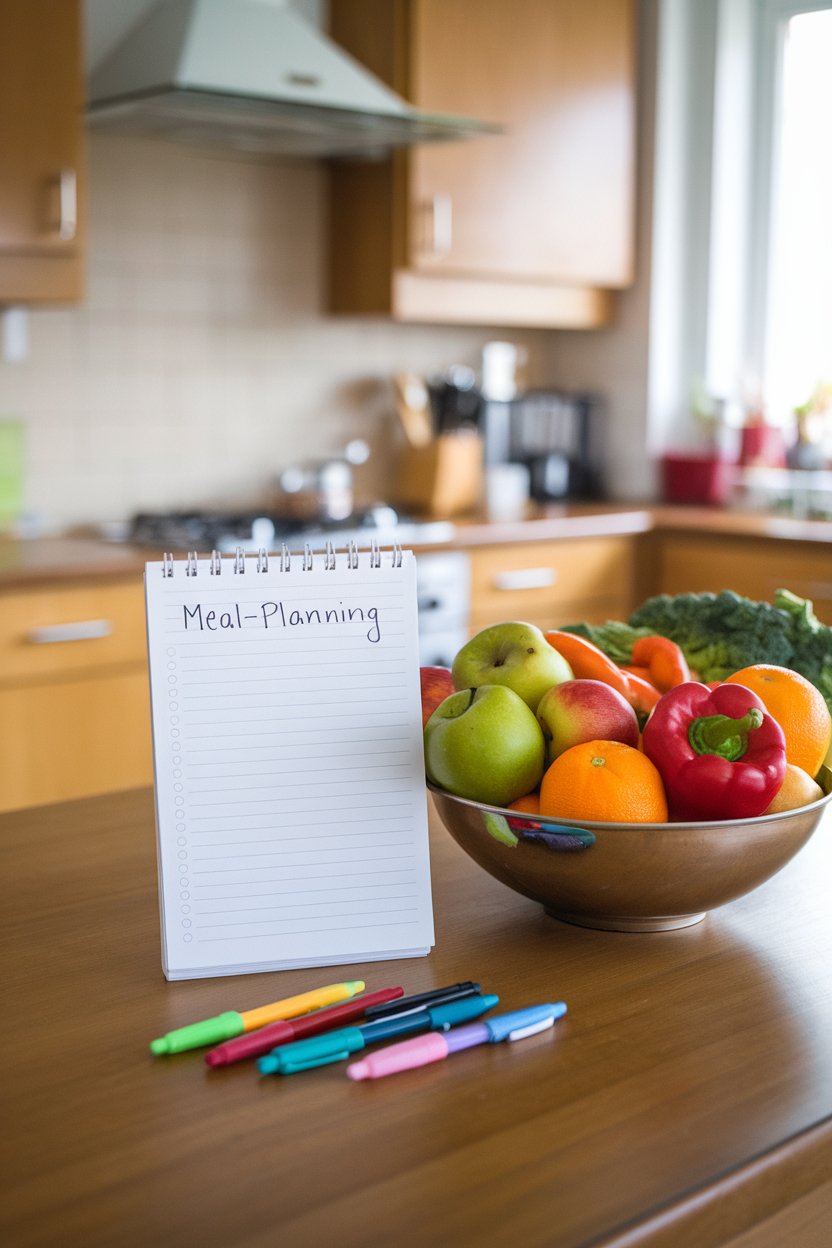 Photo — An indoor kitchen table with a blank meal-planning notepad, colorful pens, and a bowl of fresh produce. No visible text on paper.