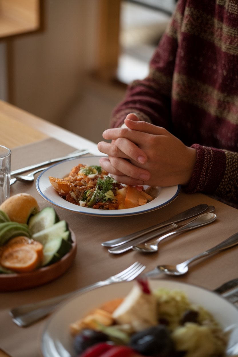 A person with hands gently clasped over silverware at a table set with a balanced meal, warm indoor glow, no faces.