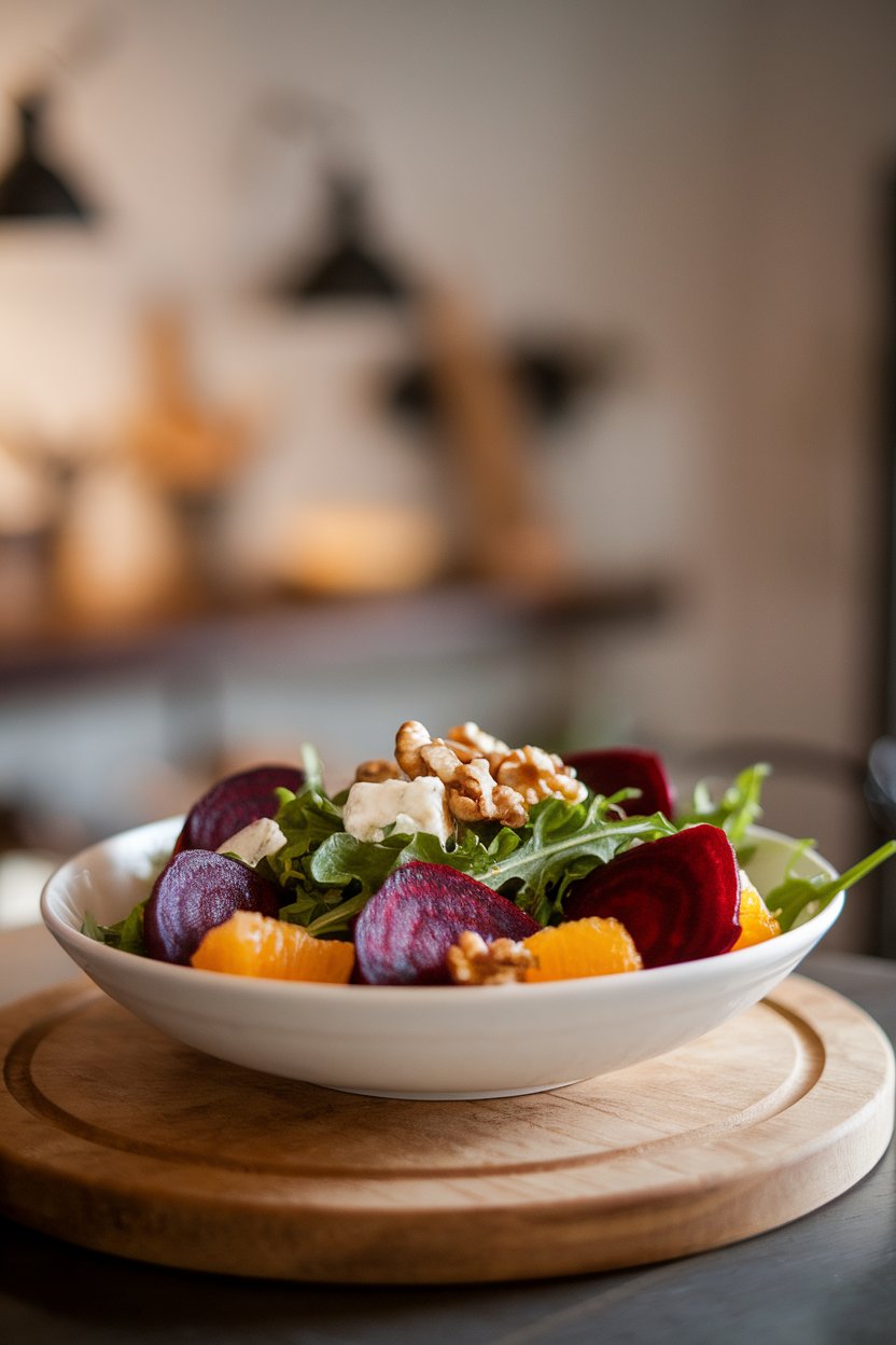 An indoor salad bowl featuring ruby beet wedges, orange segments, and arugula with a light vinaigrette; photo only, no text or logos.