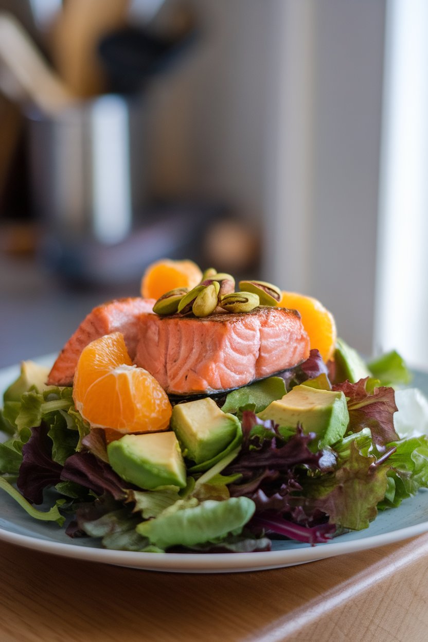 An indoor plate of mixed greens topped with seared salmon chunks, orange segments, avocado cubes, and pistachios; no text or logos; photo.