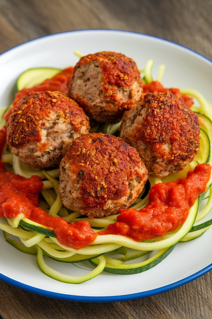 An indoor plate holding baked turkey meatballs coated in Cajun spices over zucchini noodles lightly tossed in tomato sauce; no text or logos; photo.