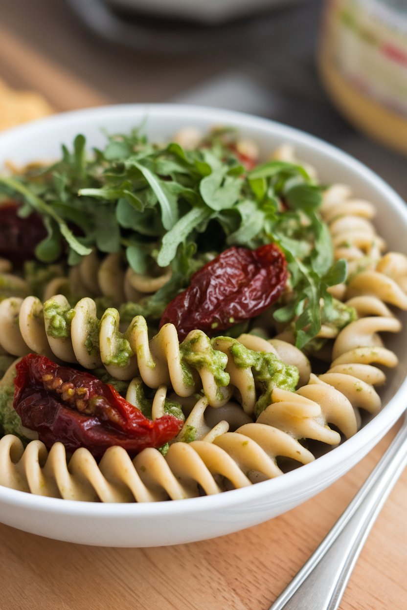 An indoor bowl of chickpea pasta spirals mixed with basil pesto, sun-dried tomatoes, and arugula. No text or logos present. Photo only.