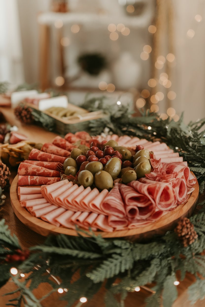 A wooden board indoors with an assortment of sliced meats, pickles, and olives, festive greenery around—no text or logos. Photo.