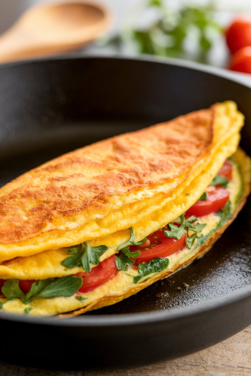 Indoor skillet showing a folded omelet packed with fresh herbs and tomatoes—no text or logos.