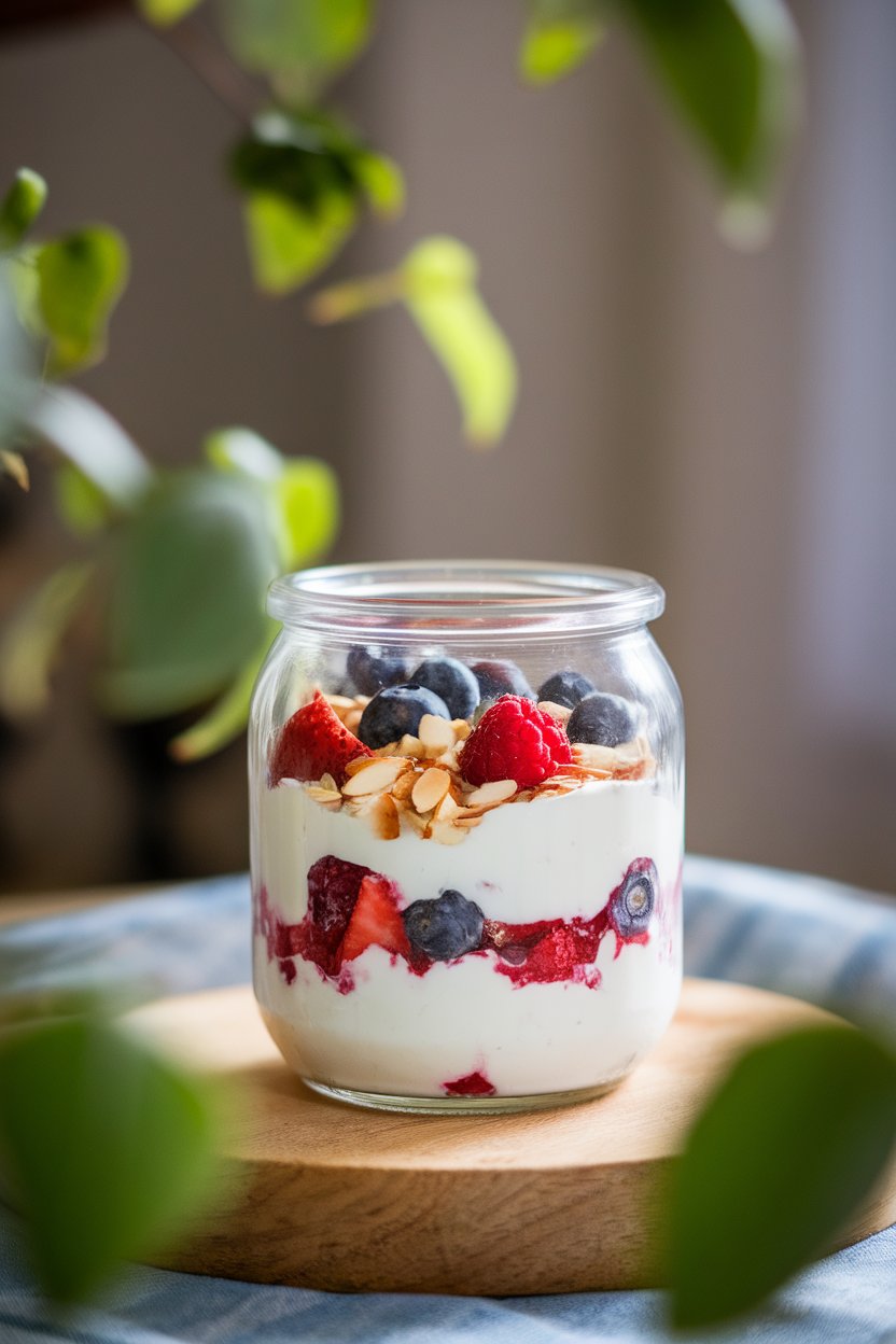 Indoor photo of a clear glass jar layered with thick Greek yogurt, mixed fresh berries, and a sprinkle of chopped almonds, gentle window light, no text or logos.