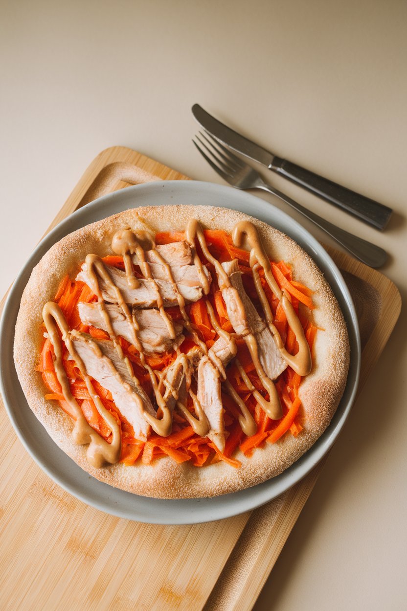 Indoor photo of coconut-flour crust pizza topped with cooked chicken strips, shredded carrots, and peanut sauce drizzle on a plate, no text or logos