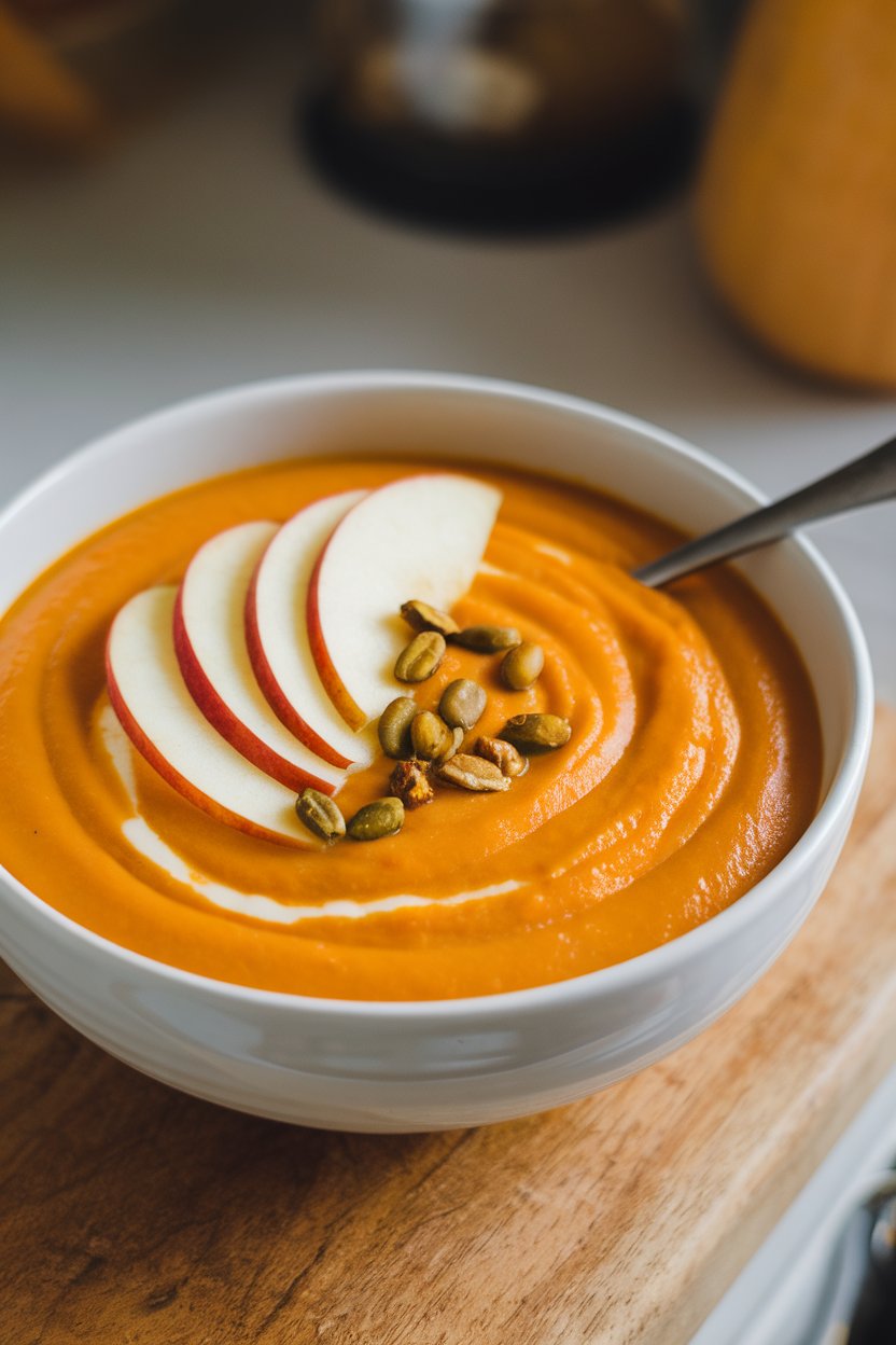 Indoor photo of smooth orange butternut squash soup in a white bowl, garnished with thin apple slices and pepitas; no text or logos.