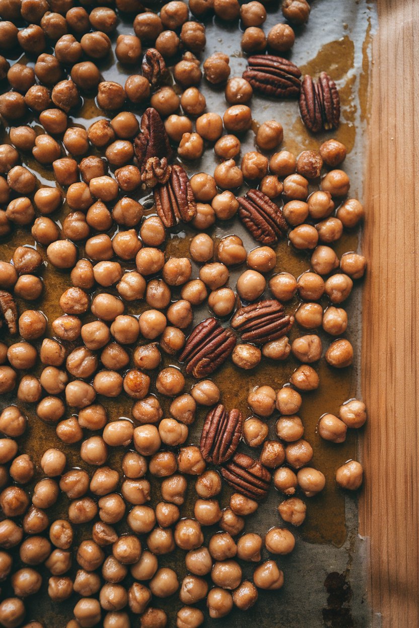 An indoor baking sheet of glossy roasted chickpeas coated in maple syrup and mixed with pecan pieces. No logos or text.