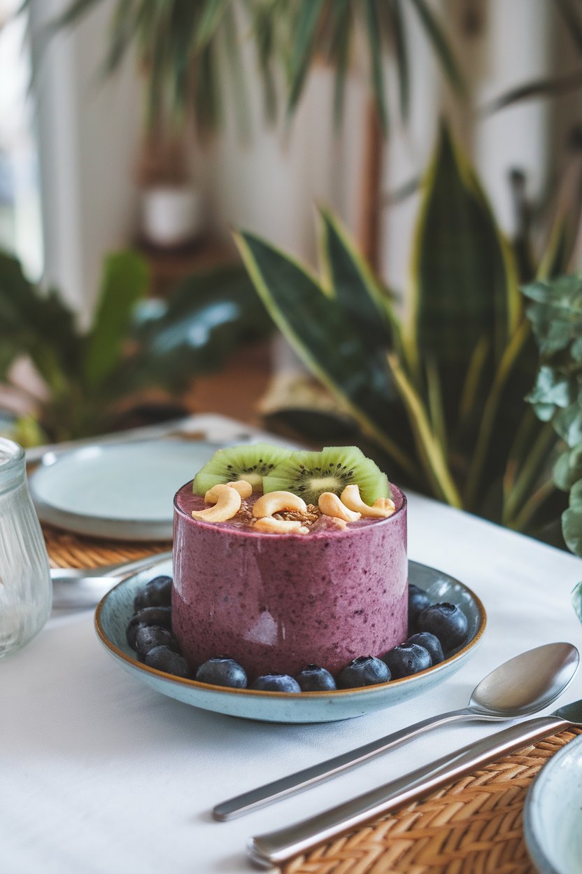 An indoor dining table featuring a thick blueberry smoothie bowl topped with sliced kiwi and cashew pieces, photo only, no logos.