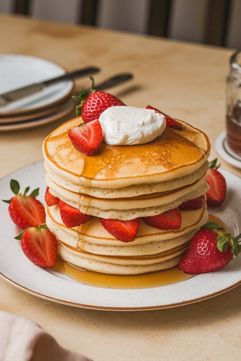 Indoor plate of thick pancakes layered with strawberry slices and a dollop of quark cheese, no text or logos.