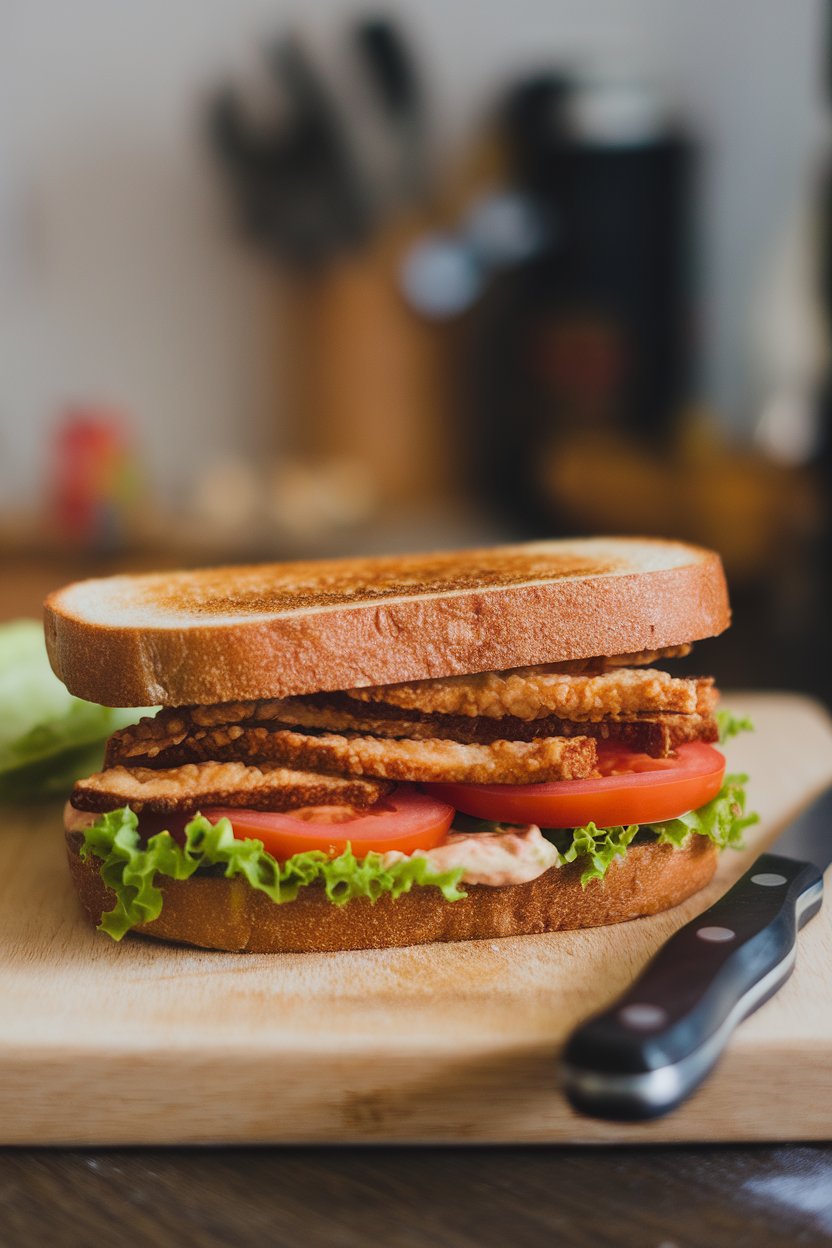 A sandwich on an indoor cutting board featuring crispy tempeh strips, lettuce, tomato slices, and vegan mayo between toasted bread; photo only, no text or logos.