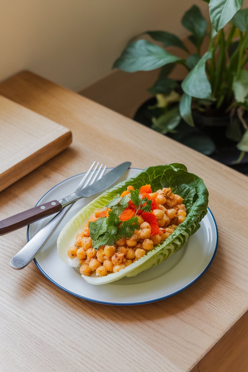 An indoor lunch setting featuring romaine leaves filled with smashed chickpea salad, diced bell pepper, and parsley. No text or logos. Photo only.