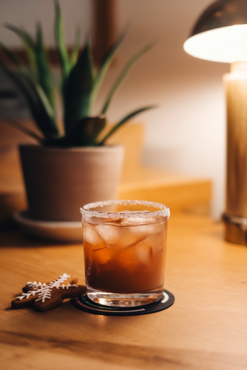 Cozy indoor setting, rocks glass of spiced brown gingerbread margarita on a coaster, gingerbread cookie beside it; no text or logos.