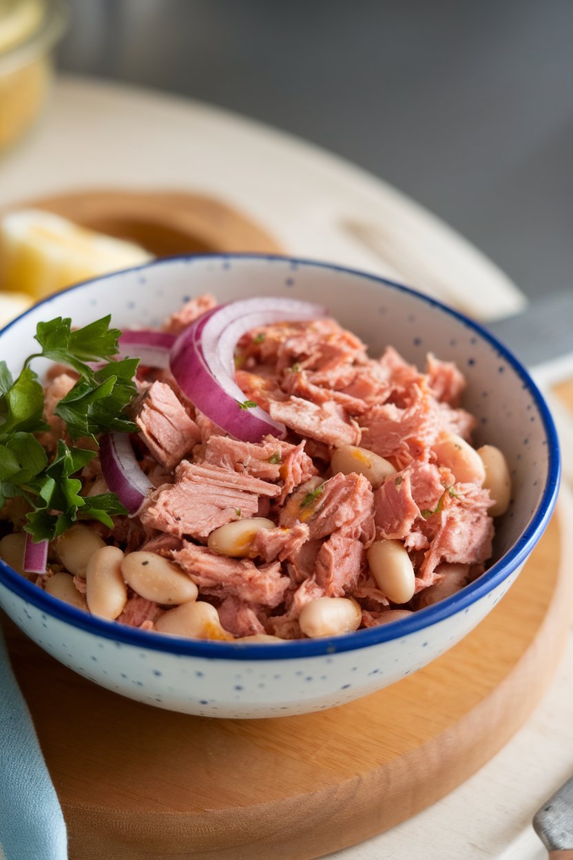Indoor bowl shot of cooked tuna flakes mixed with cannellini beans, red onion slivers, parsley, and a drizzle of olive oil; overhead perspective, soft daylight, no text or logos.