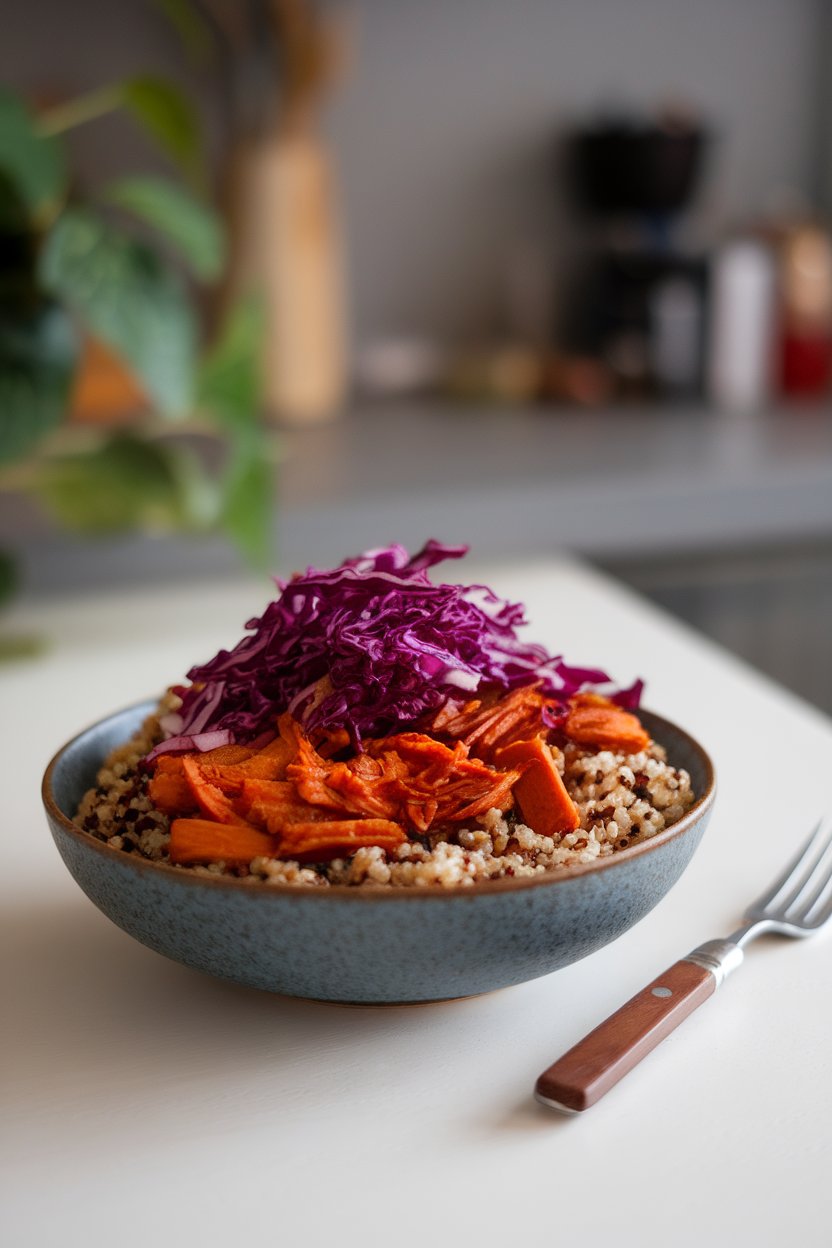 Indoor scene featuring shredded BBQ jackfruit on quinoa, topped with crunchy red cabbage slaw. No text or logos.
