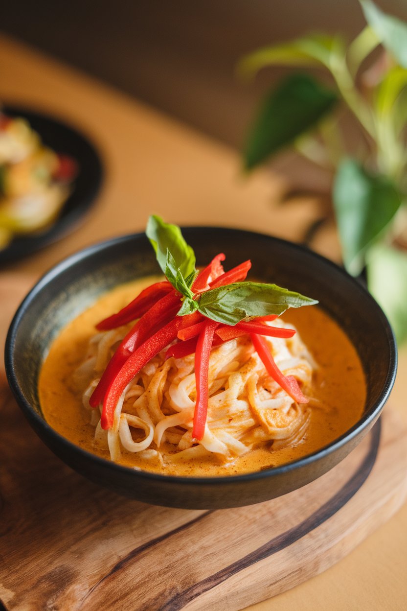 Indoor bowl of rice vermicelli bathed in golden coconut curry sauce with bell pepper strips and basil. No text or logos.