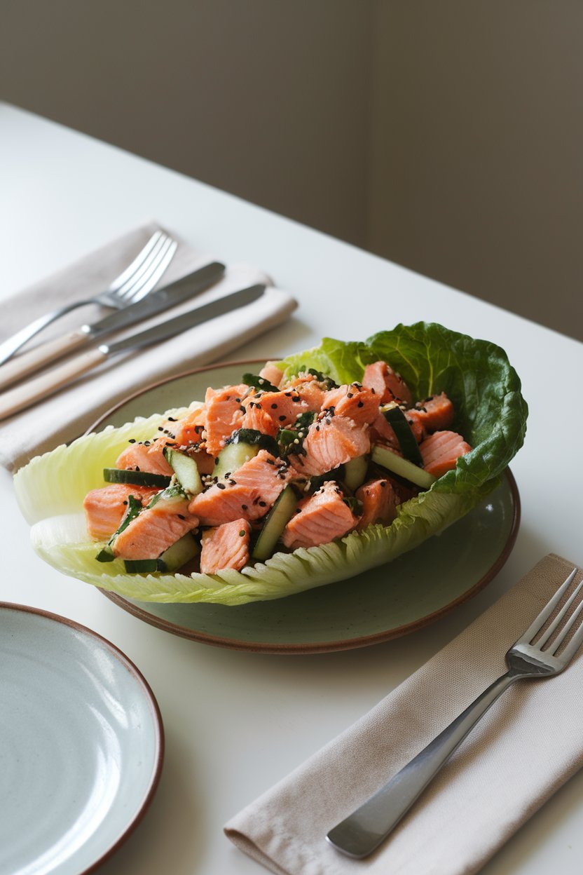 A softly lit indoor table showing crisp romaine leaves filled with flaked teriyaki-glazed salmon, julienned cucumbers, and sesame seeds. No text or logos are visible.