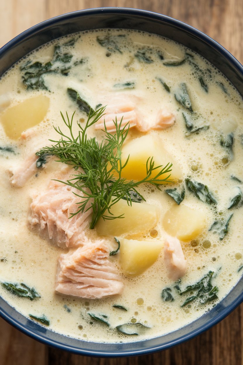 Indoor photo of a creamy bowl of cod and kale chowder, potato chunks visible, garnished with fresh dill, no raw fish. No text or logos.